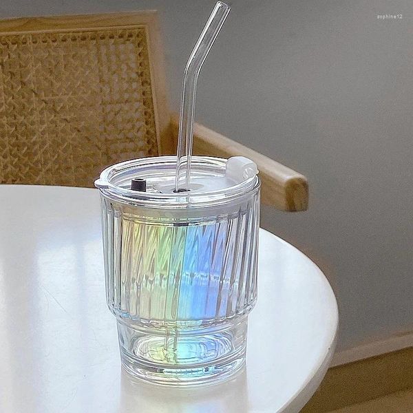 Weingläser farbenfrohe Laserglas Tasse Kawaii Becher Kaffee mit Strohwassergockes Glaswaren für Deckel trinken