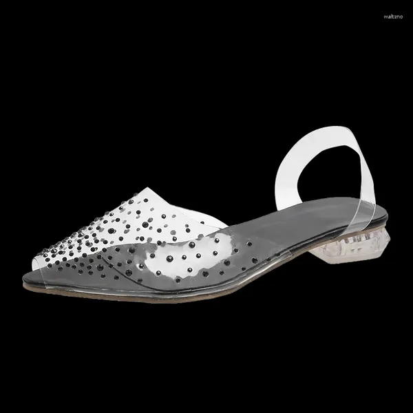 Scarpe casual in PVC Donne trasparenti pompe sandali Crystal bassi tacchi a basso contenuto di strass per punta di punta della damigella d'onore 43