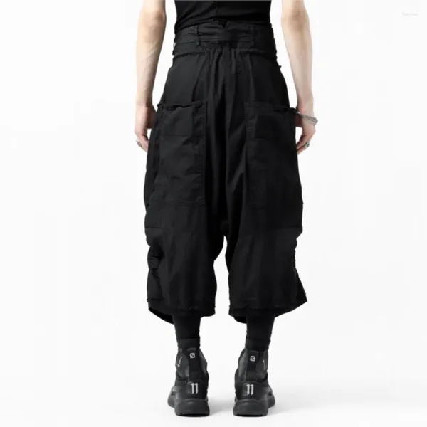 Calças masculinas estilo Yamamoto escuro Design de nicho japonês neutro de perna larga larga shorts casuais pretos para homens e mulheres