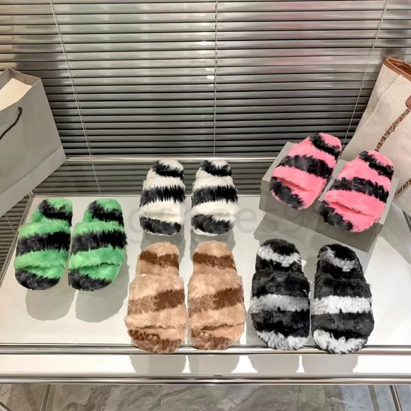 Furry Slide Allover Logo Slipper B Nachname Paris Frauen lässige Hausschuhe Buchstabe Plattform Flachmaultier warmes Fell Chaussures Fuzzy Scarpe Stoff Dopamin Farbe Matching