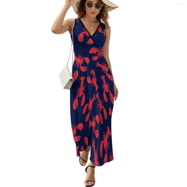 Abiti casual Aragosta Red American Flag American Navy Blue Art (10) Dress estivo estivo Boemia lunghe donne lunghe alte vita night club personalizzato maxi