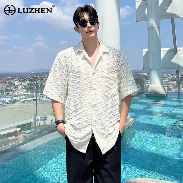 Camisas casuais masculinas Luzhen Summer Summer Plaid Design Hollow Design de mangas curtas originais belos resenhas coreanas Muitas roupas lz2148