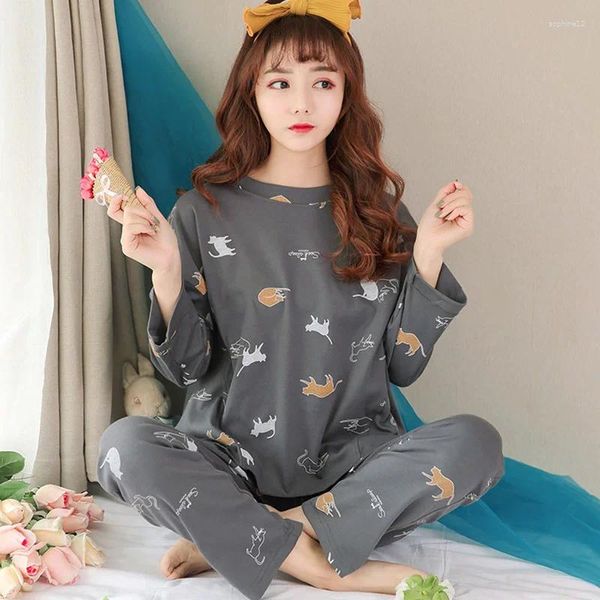 Heimkleidung O-Neck Cartoon Print Tops Pajama Hosen Set 2024 Herbst Frauen Kurzärmel schlafen süße Strick-Baumwollpyjama