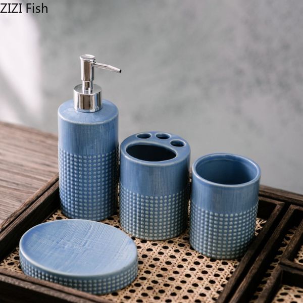 Blue Wash Kit Keramik Seifenspender Seifenschale Mundspülung Tasse Set Hotel Handwaschflasche Set Home Badezimmerzubehör Set Set Set