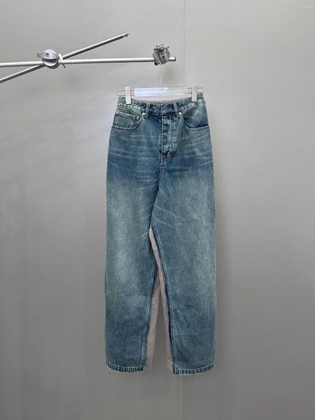 Jeans femininos 2024 Calças de algodão puro Splicing Denim Fabric a peça frontal para fazer água de lavagem antiga azul retro super7.5