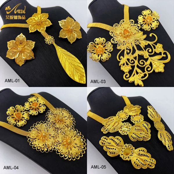 Aniid Dubai 24K Gold Farbschmuck Set für Frauen Luxus einzigartige große Anhänger Halskette Ohrringe Hochzeitsgeschenke Party Accessoire