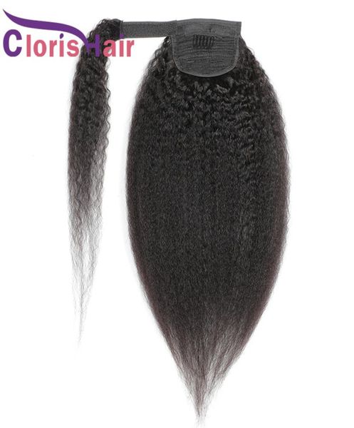 Coda di cavallo dritti stravaganti 100% di capelli umani brasiliani avvolgenti intorno alla clip in estensioni per donne nere yaki grezzo per capelli coda di cavallo reale 9349126