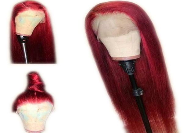 Red Color Silk Silk Straight Guless Wigs Full Lace com cabelos de bebê pré -arrancados Remy Borgonha Human Hair Wig para Women2405570