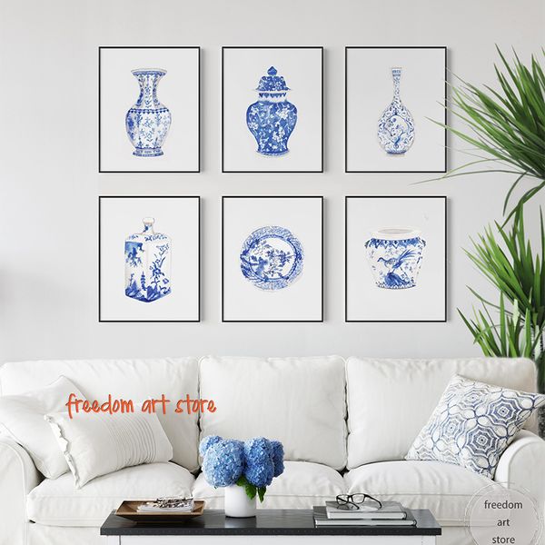 Aquarellblau weißes weißes chinesisches Porzellanvase mit rosa Pfingstrosen Rosen Kunstplakate Leinwand Malerei Wanddrucke Bilder Home Decor