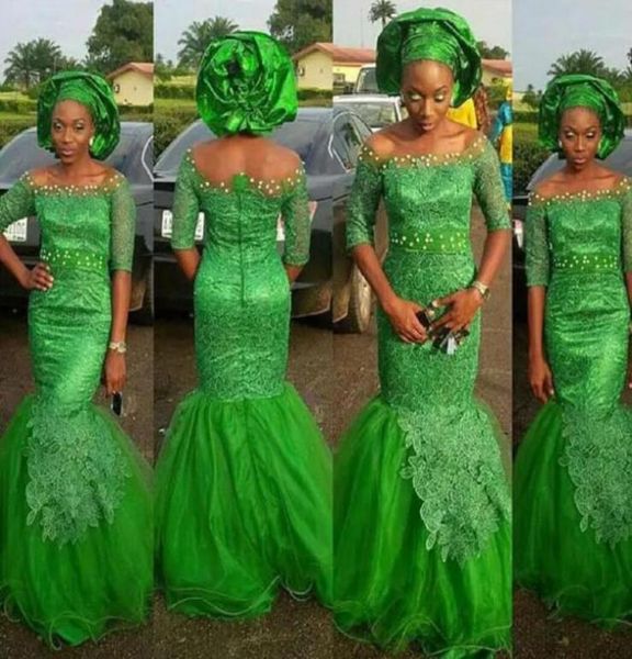 Nigerianische Spitzenstile Prom Kleider Meerjungfrau 2022 Perlen Halbärmel Tüll Abend formelle Kleider billiger langer Hollow zurück 6149175