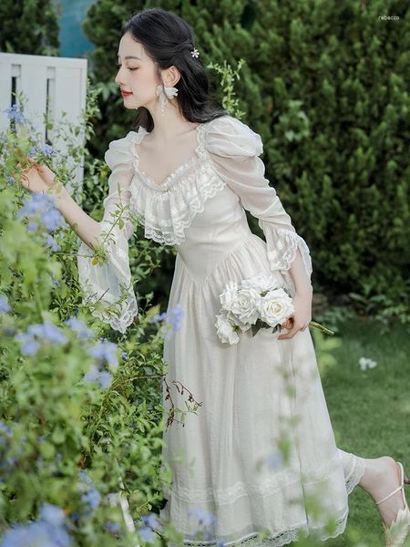 Lässige Kleider romantische Lady Fairycore Kleider Frau Vintage Vintorian Style Lace Puff Ärmel Retro Prinzessin Faldas Vestido Festa