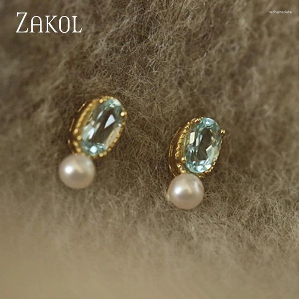 Stud Küpe Zakol Narin Açık Mavi CZ Geometrik Oval Zirkon İmitasyon İnci Küpe Kadınlar Moda Takı Hediyeleri