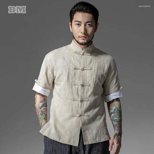 Camisas casuais masculinas Vestido tradicional chinês de linho de linho de algodão Camisa de colarinho masculino Menas de mangas curtas vintage Tai chi tops