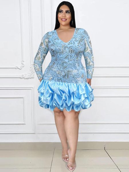 Vestidos casuais mulheres lantejur lantejouno mini bordado azul bordado de manga longa com bainha de bainha foffy bainha noite noite grande tamanho 4xl