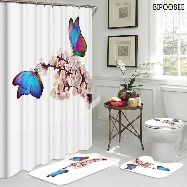 Duschvorhänge Pflaumenblütendruck Farb Schmetterling Badezimmer Vorhang Bad Matten Teppiche Toilettendeckel Deckel Deckel Podest Anti-Rutsch-Teppich