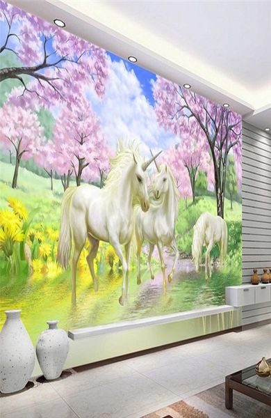Wallpaper murale 3D personalizzato Unicorn Dream Cherry Blossom TV Sfondo Immagini per la camera da letto per bambini Sfidone del soggiorno 2312235