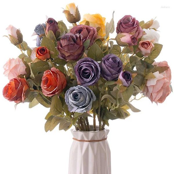 Dekorative Blumen 3 Köpfe künstliche Blumenstrauß Mini Rose für Braut Hochzeitsblumen Geburtstagsfeier Home Office Dekoration Anlagen
