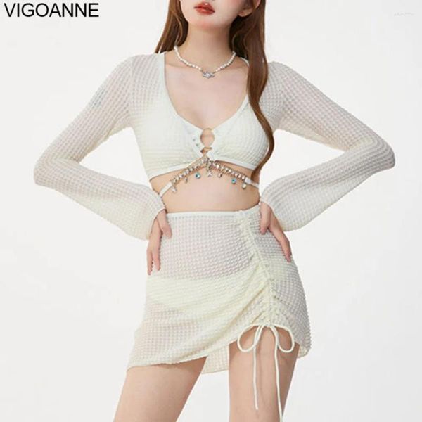 Frauen Badebekleidung Vigoanne sexy solide 4 -teilige Meske Smock Bikini Set Women 2024 Strapping Push Up Korean Badeanzug Langarm Sommerbade