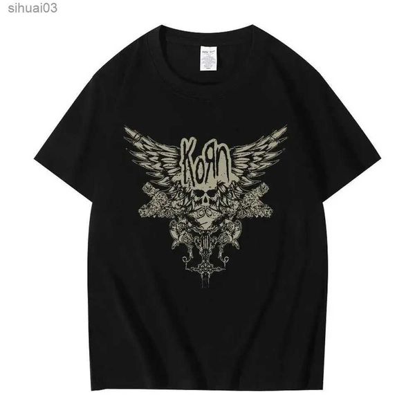 Camiseta feminina Korn Skull Wings Black Cirtle Mulher e Men Metal Gothic Rock Band T Cadeiras Vintage Plus Tamanho Topsll2403