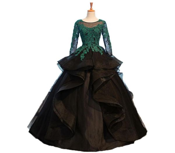 Abiti Quinceanera in pizzo nero unico a maniche lunghe con paillettes di paillettes in perline da ballo in perline da ballo da palla da 15 abiti da sera gonfio su misura dre8597059