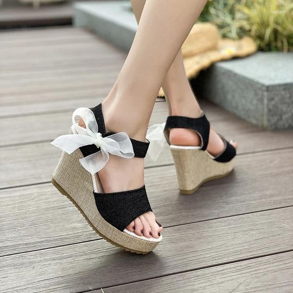 Scarpe eleganti tela tacchi alti piattaforma femminile sandali sandali fibbia della caviglia della caviglia di grandi dimensioni 42 tallone nero