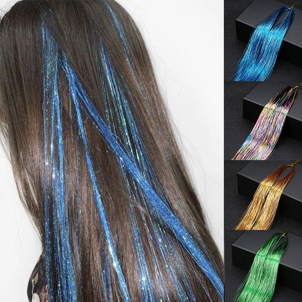 36 -Zoll -See Blue Shiny Haar Larke Sparkle Stränge Mädchen Haare Hippie Glitter Strips Frauen blendeln