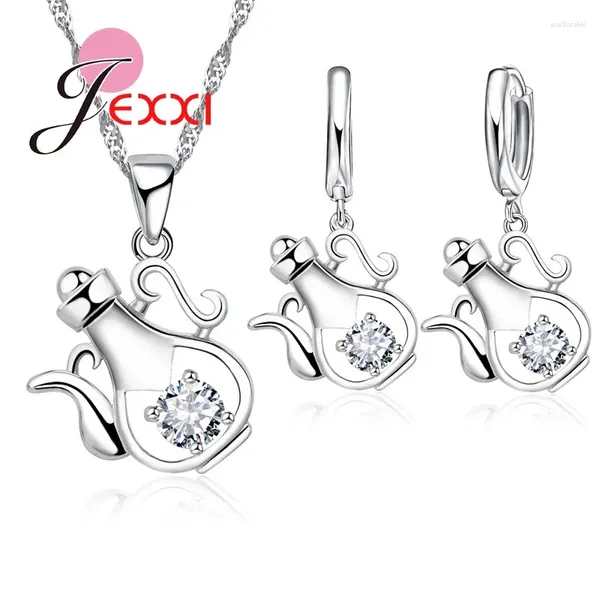 Orecchini di collana set creativa in stile cinese teiera a sospensione di gioielleria donna carina 925 sterling argento cristallo
