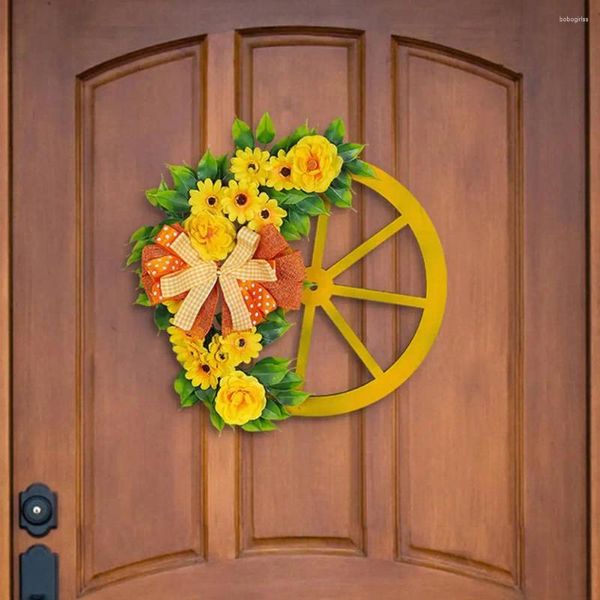 Flores decorativas Spring Spring Amarelo Decoração de Decoração de Chave de Peça de Dot Plaid Bowknot Rústico redondo decoração artificial da porta da frente