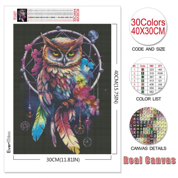 Evershine New chegada Animal Diamond Mosaic Owl pintando praça full redondo bordado de sonho de sonho decoração de penas para casa