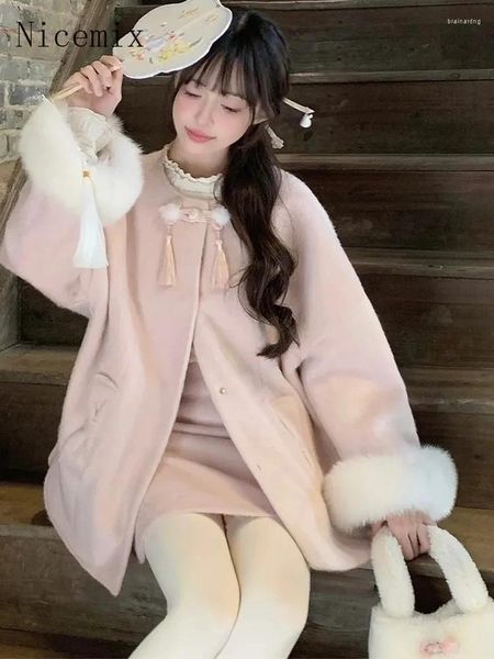 Vestidos de trabalho estilo chinês lã rosa conjunto de duas peças roupas roupas outono/inverno doce girl pur emendado casaco meio curto saia curta