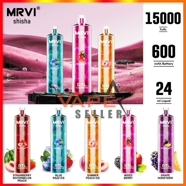 MRVI 15000 Puff Shisha Hookah Vape e cigarro DTL Vaping Style 24ml Poço recarregável de 600mAh Bateria LED LED Light Vaper Caneta