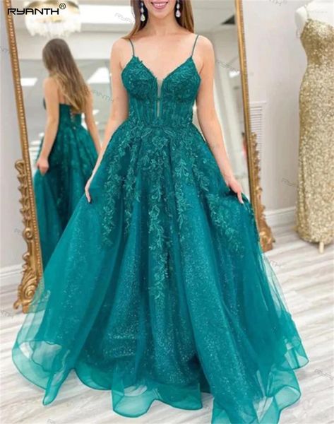 Vestidos de festa Pavão com renda sem mangas Apliques de decote em V Prom Spaghetti Strap Women elegante para um casamento de vestidos de baile formal