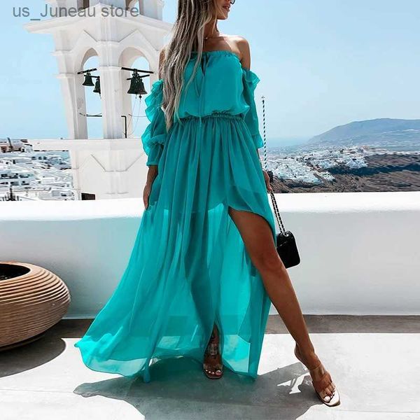 Basic Casual Kleider Hirigin Frauen Slash Hals Split bodenlange Rüschen Langes Kleid Schnüre -up Casos Strand Feste Farbstil Kleid Sommer Vestidos Robe T240412