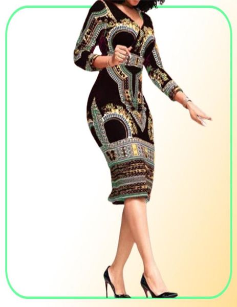 Abiti casual Ladie africane Elegante polso High Waist V Neck Vintage for Work Office Business Fashion Slim Vestidos Dress Midi 207702284