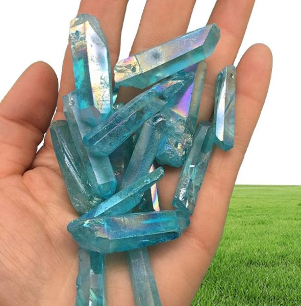6pcs azul titanium aura anjo wand pontos naturais cristal rússico cura áspera topázio lemuriano semente prism encantos stone6277649