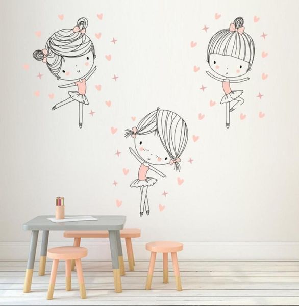 3pcs/conjunto Balé fofo garotas dançando adesivos de parede de desenho animado Decalque de parede de desenhos animados para crianças Decoração de casa do quarto JH2017 Y2001037313286