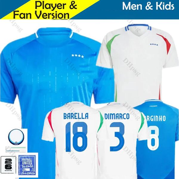 24 25 Italien Fußball-Jersey Maglia Italia 2024 Euro Cup 2025 Nationalmannschaft Jorginho Chiesa Barella Football Hemd Italienische Fans Spieler Kinder Kit Full Set Size S-XXL