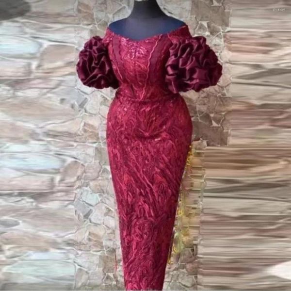 Abiti per feste Burgundy Lace Prom rouffle a maniche corte più taglia da sera Aso Ebi Lunghezza Donne Abito formale