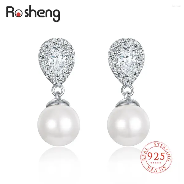 Orecchini per borchie 925 Sterling Silver Elegant Drop for Women Shell Simulate-Pearl Round Gems Regalo per l'impegno del matrimonio Brincos