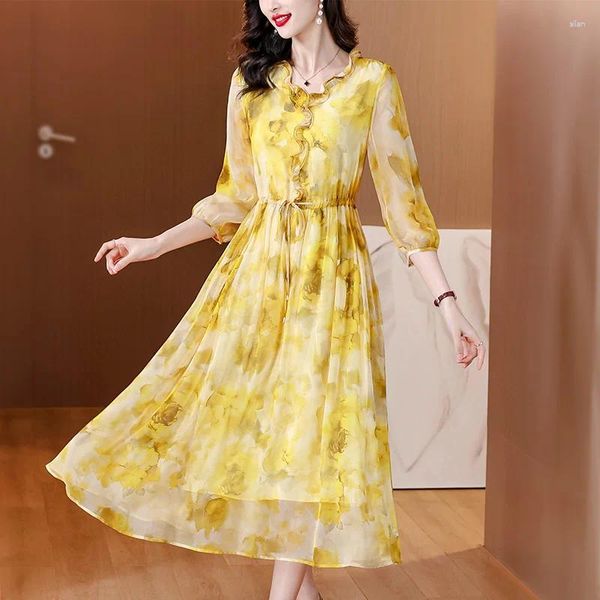 Lässige Kleider 2024 Sommer koreanische Urlaubsmode elegante Midi -Kleider Luxus Dance Party Frauen Boho Strand Blumen Seiden Vestidos