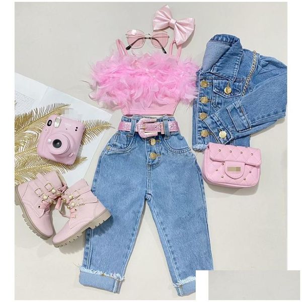 Roupas de roupas focus Norm Little Girls Moda Moda Roupas 1 6y babados de penhas de penhas mangas camisole tops de cintura alta calças de jeans 2pcs d dhatb