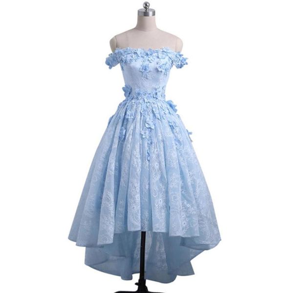 2019 Vestido de baile de alto banheiro azul bebê fora do ombro Os vestidos de baile assimétricos 3D Floral Apliques Zipper Up Dalding Disturs
