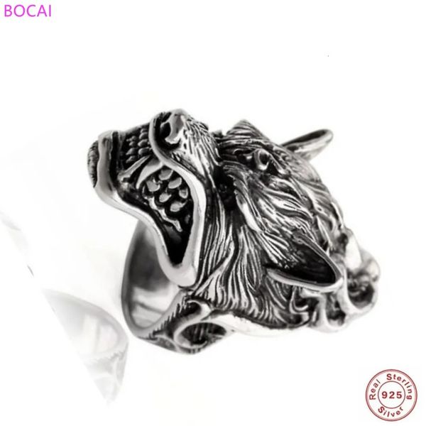 Real 100% S925 Silver Man Ring vintage tailandês moda artesanal lobo tridimensional jóias argentum puro240412