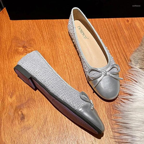 Lässige Schuhe 2024 Damen Silver Patchwork Bowtie Ballets Stoff Stoff Flats runde Zehen Mocasines Kleider Schlupf auf Ballerinas Frauen Hochzeit