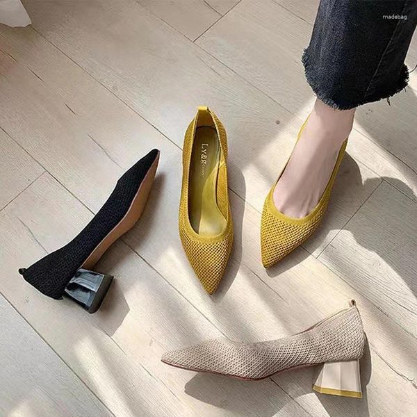 Sapatos casuais saltos grossos bombas de malha esticada feminina apartamentos rasos altos vestidos pontiagudas de malha respirável confortável