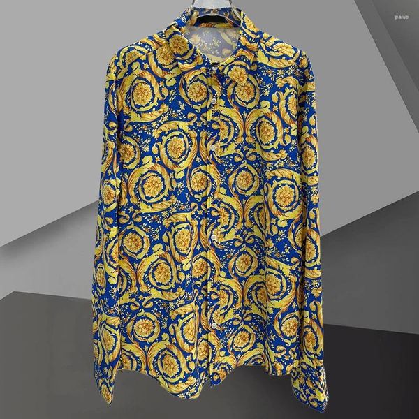 Camisas casuais masculinas Camisa de manga longa de luxo de alta qualidade Triângulo de flores de ouro completo Triângulo imprimido Men Dress Camisa Masculina