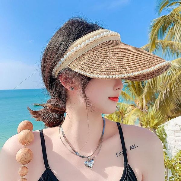 Beretti estate vuoto top suncap largo perle brim donna cappello da sole cappello di paglia casual berretto di protezione uv viscosa spiaggia khaki nero bianco