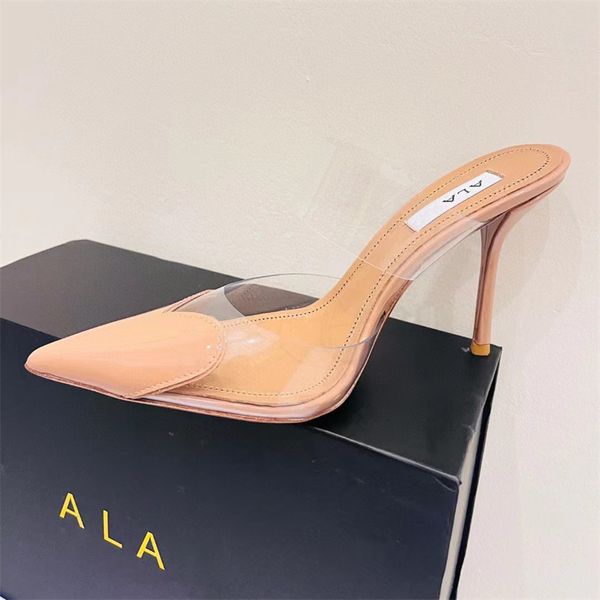 PVC Women Slipper Fashion Sexy Party Dress Ladies High Heel Nuovo marca Female Straps Punta Sandali estivi Sandali Slippista trasparente