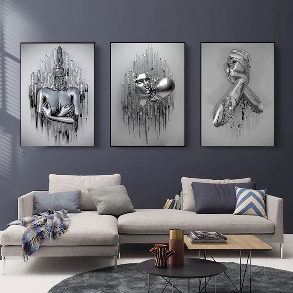 Resumo Metal Figura Estátua Canvas Pintura Modern Silver Loves Posters e impressões Imagem da arte da parede para decoração da casa da sala