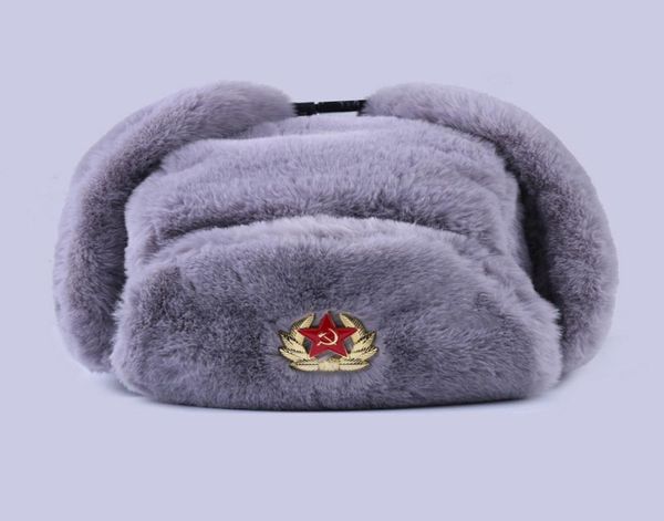 Crachá soviético Ushanka Russian Homens Mulheres Chapéus de Inverno Faux Rabbit Fur Exército Militar Bomber Hat Cossack Trapper Earflap Snow Ski Cap 21340687